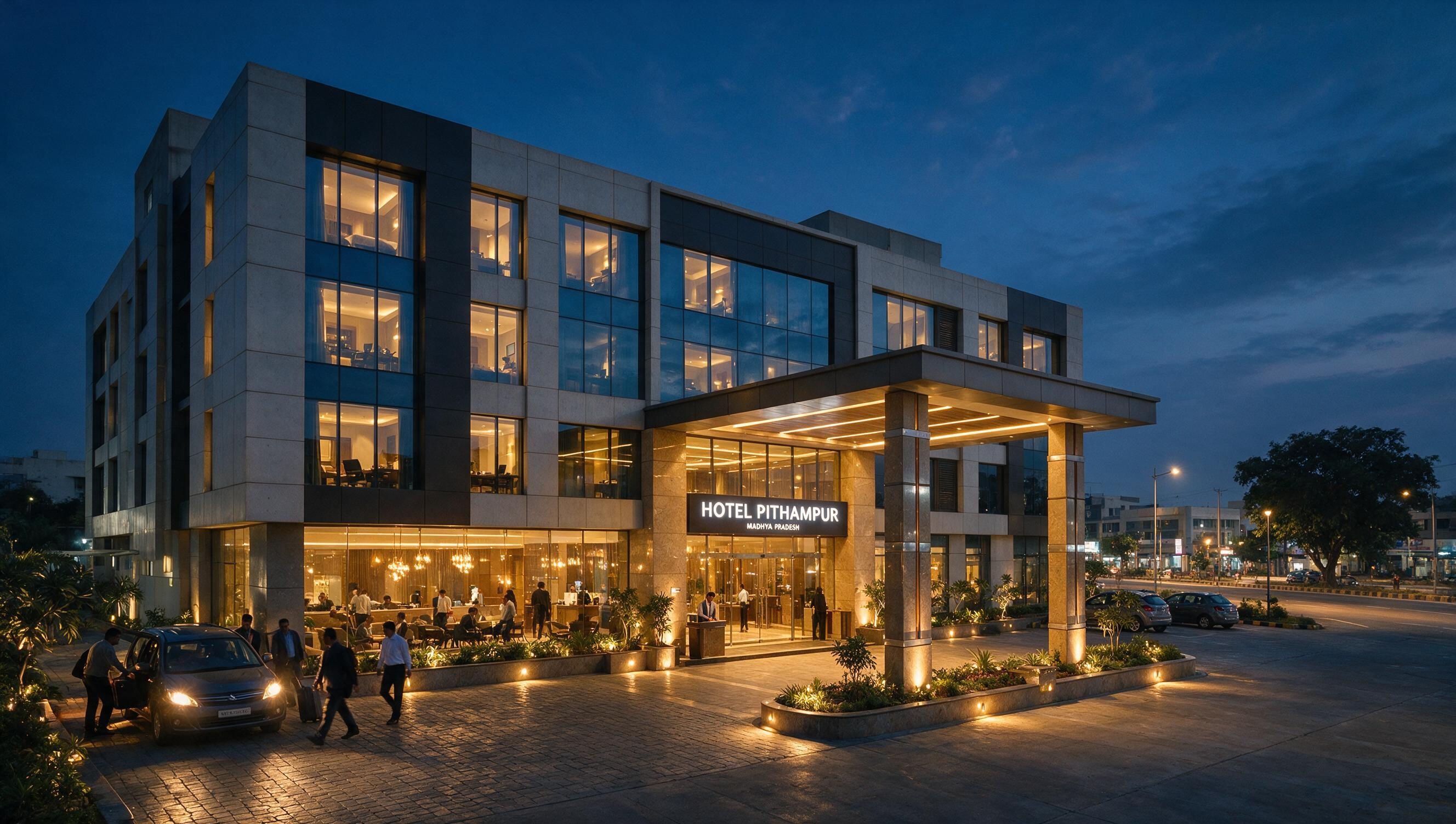 Modern hotel exterior in Pithampur area