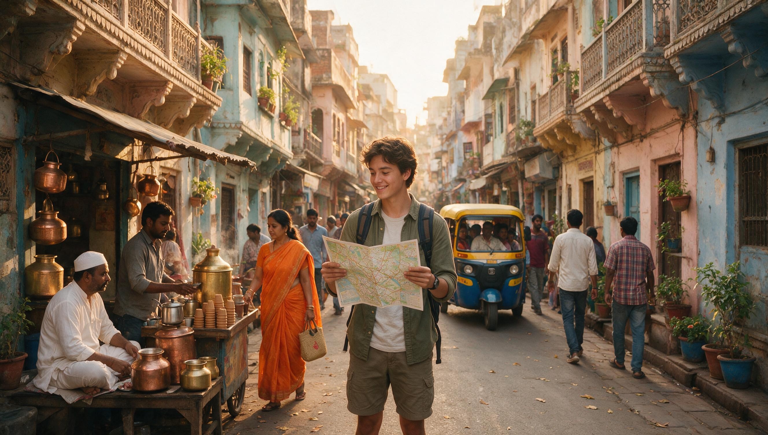 Traveler planning route on map
